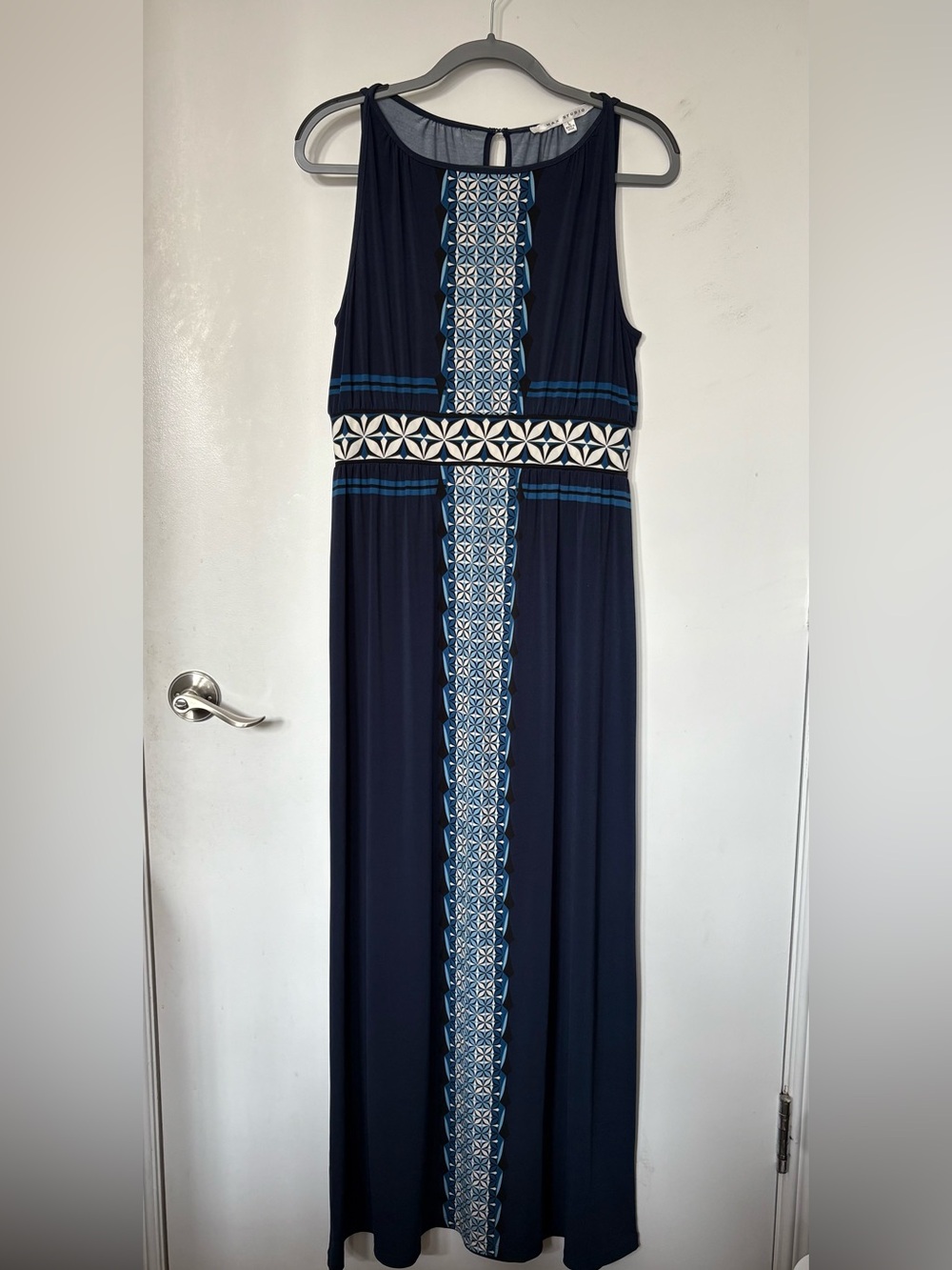 Max Studio Navy Maxi Dress with White and Blue Geometric Center Panel